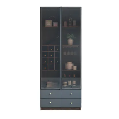 Black Glass Door Wood Display Cabinet with Wine Storage Image - 3