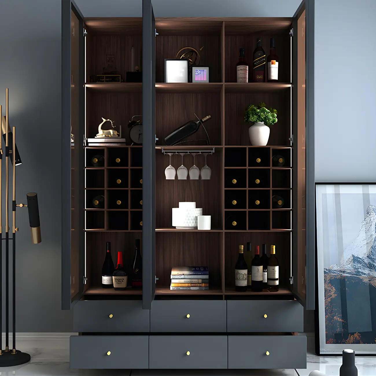 Black Glass Door Wood Display Cabinet with Wine Storage Image - 4 | homeyfad