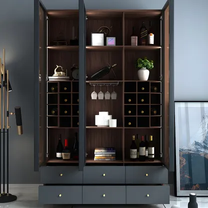 Black Glass Door Wood Display Cabinet with Wine Storage Image - 4