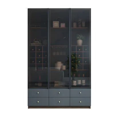 Black Glass Door Wood Display Cabinet with Wine Storage Image - 5