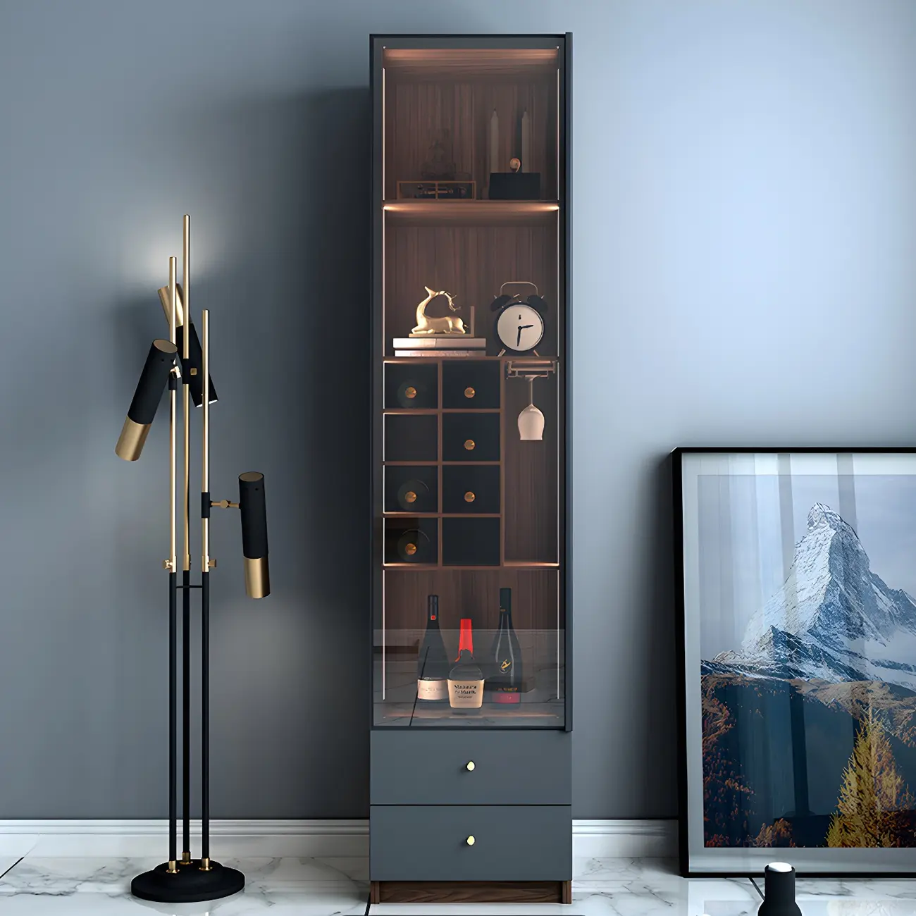 Black Glass Door Wood Display Cabinet with Wine Storage Image - 7 | homeyfad