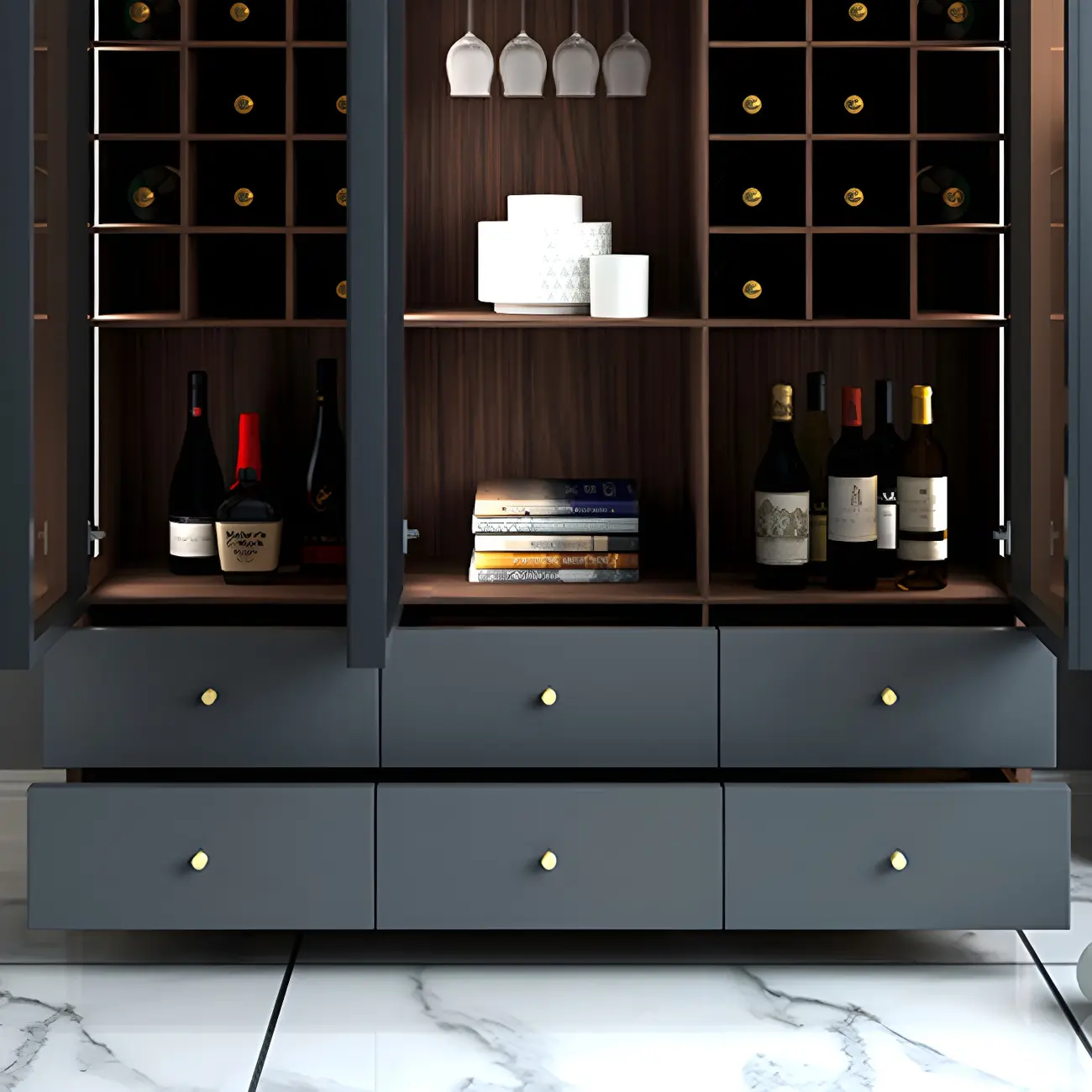 Black Glass Door Wood Display Cabinet with Wine Storage Image - 13 | homeyfad