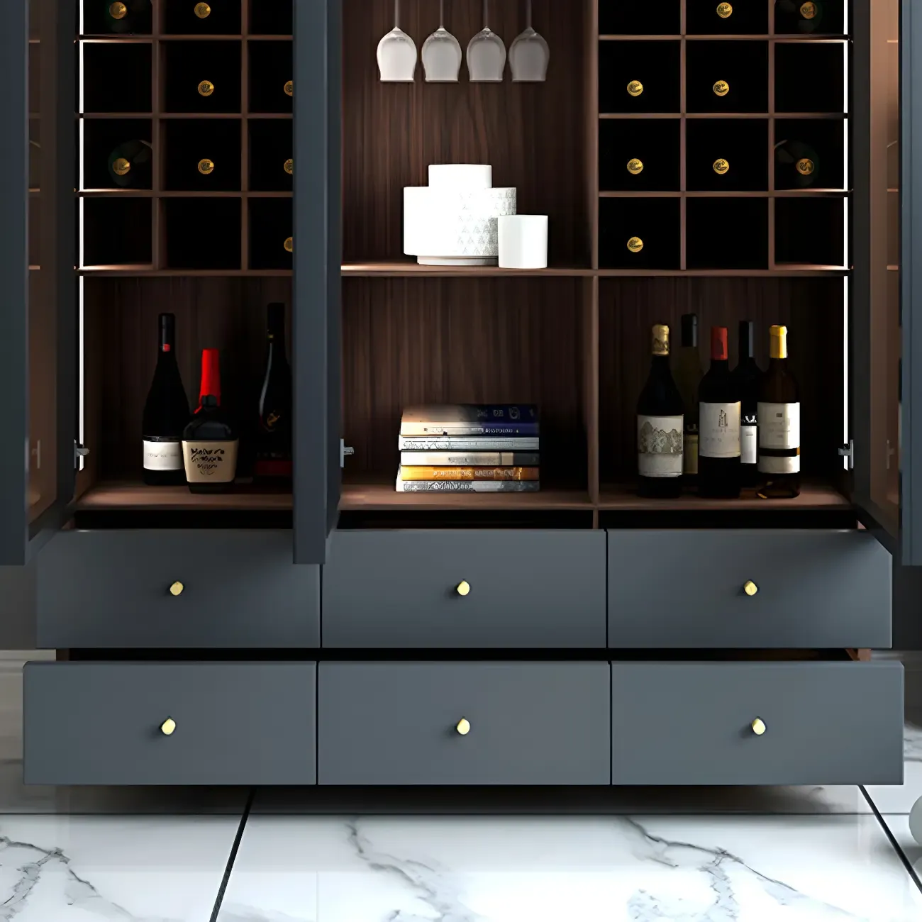 Black Glass Door Wood Display Cabinet with Wine Storage Image - 13