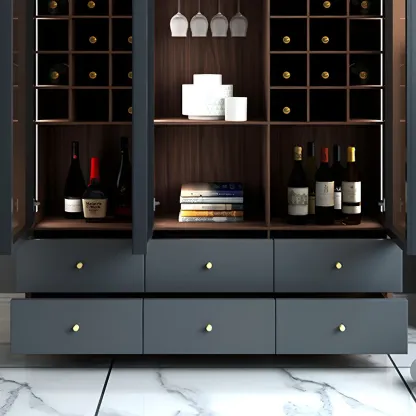 Black Glass Door Wood Display Cabinet with Wine Storage Image - 13