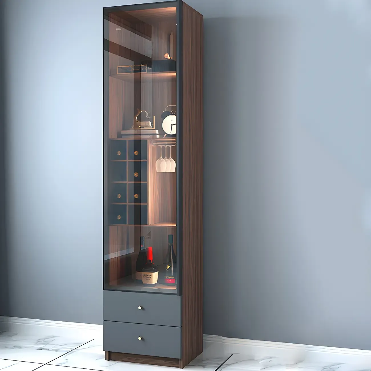 Black Glass Door Wood Display Cabinet with Wine Storage Image - 14