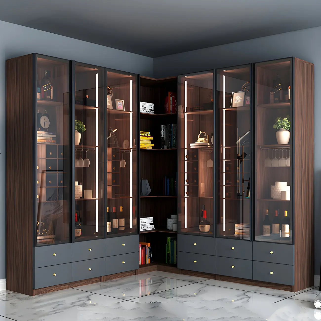 Black Glass Door Wood Display Cabinet with Wine Storage Image - 15 | homeyfad