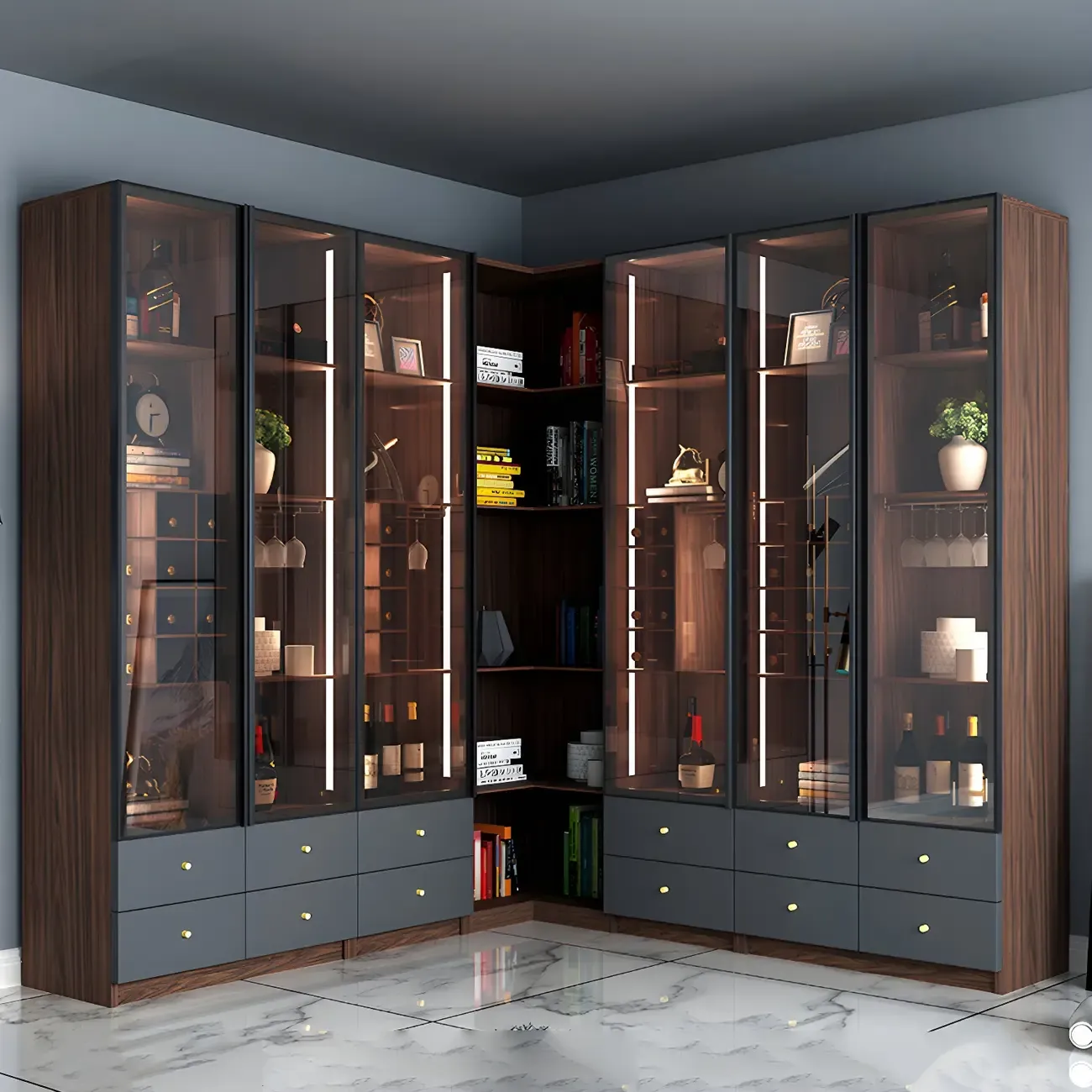 Black Glass Door Wood Display Cabinet with Wine Storage Image - 15