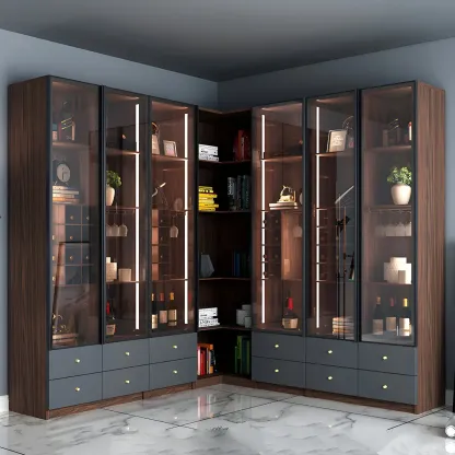 Black Glass Door Wood Display Cabinet with Wine Storage Image - 15
