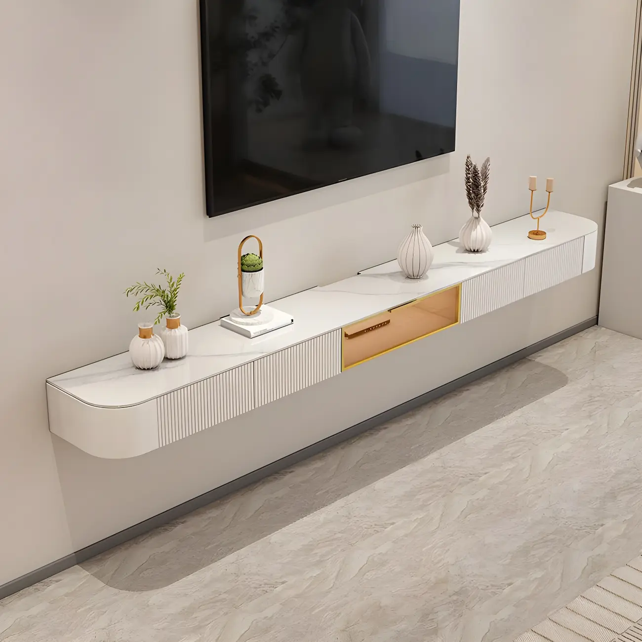 Nordic Stone Floating TV Stand with Drawers Storage for Home Image - 3 | homeyfad