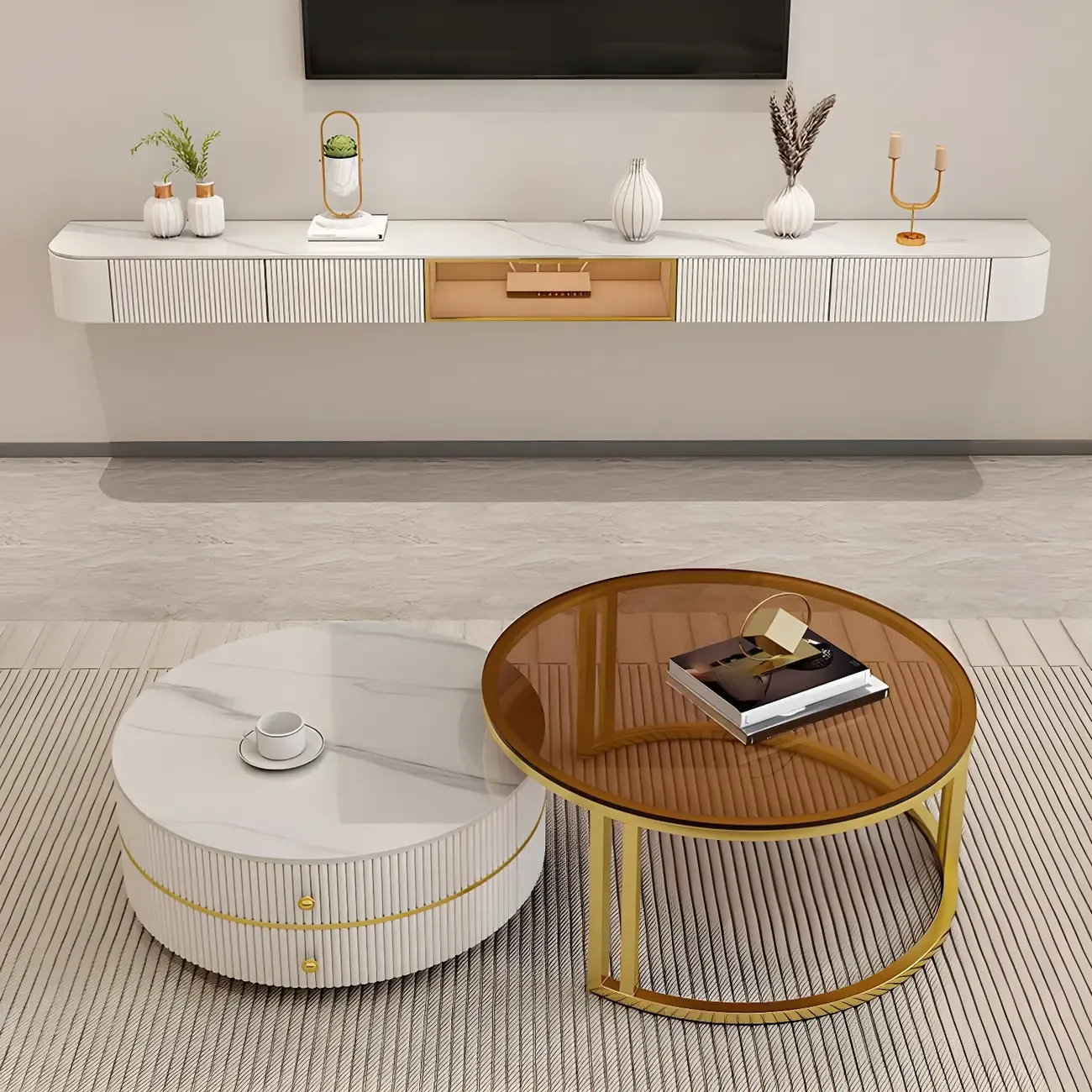 Nordic Stone Floating TV Stand with Drawers Storage for Home Image - 4