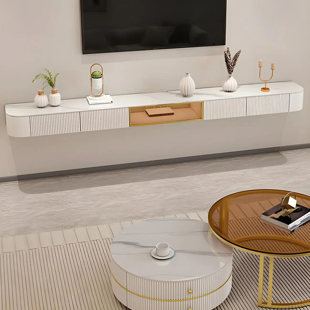 Nordic Stone Floating TV Stand with Drawers Storage for Home Image - 2 | homeyfad