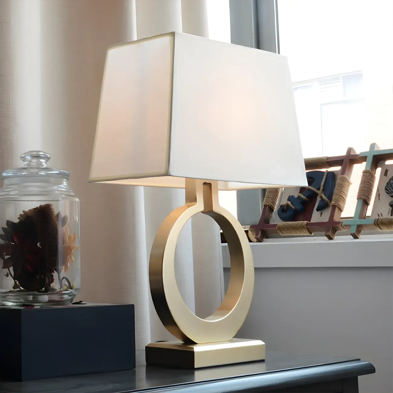 Luxury Gold Circle Base LED Table Lamp Fabric Shade Image - 2