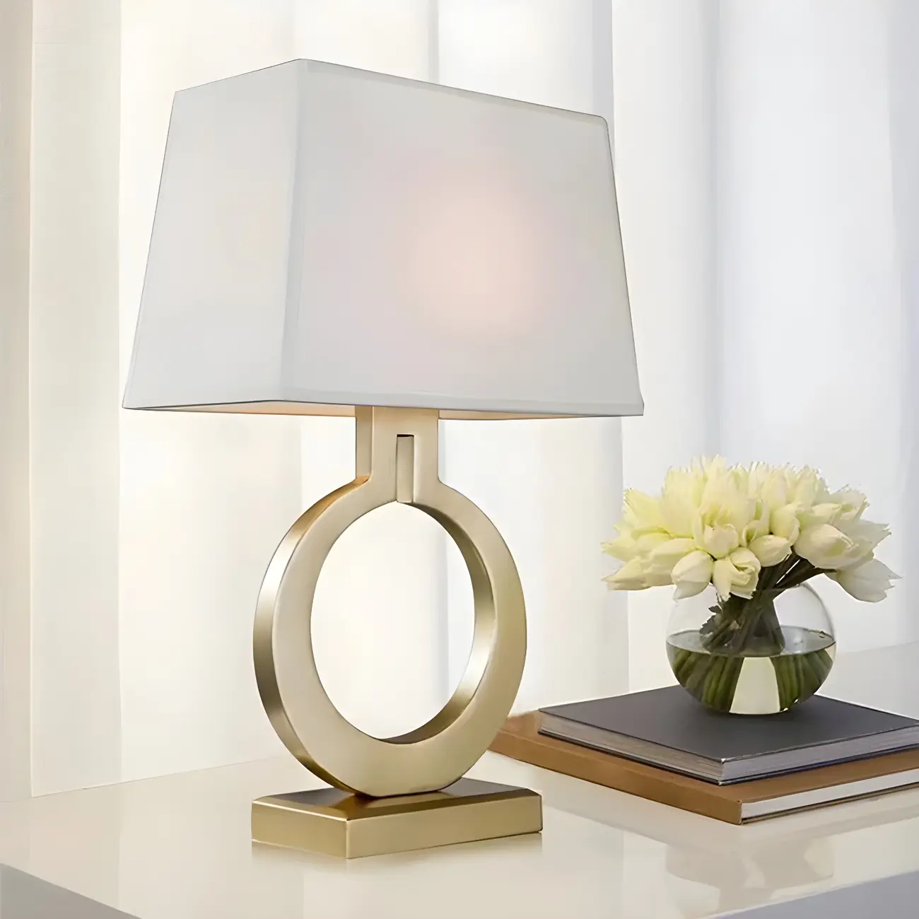 Luxury Gold Circle Base LED Table Lamp Fabric Shade Image - 10 | homeyfad