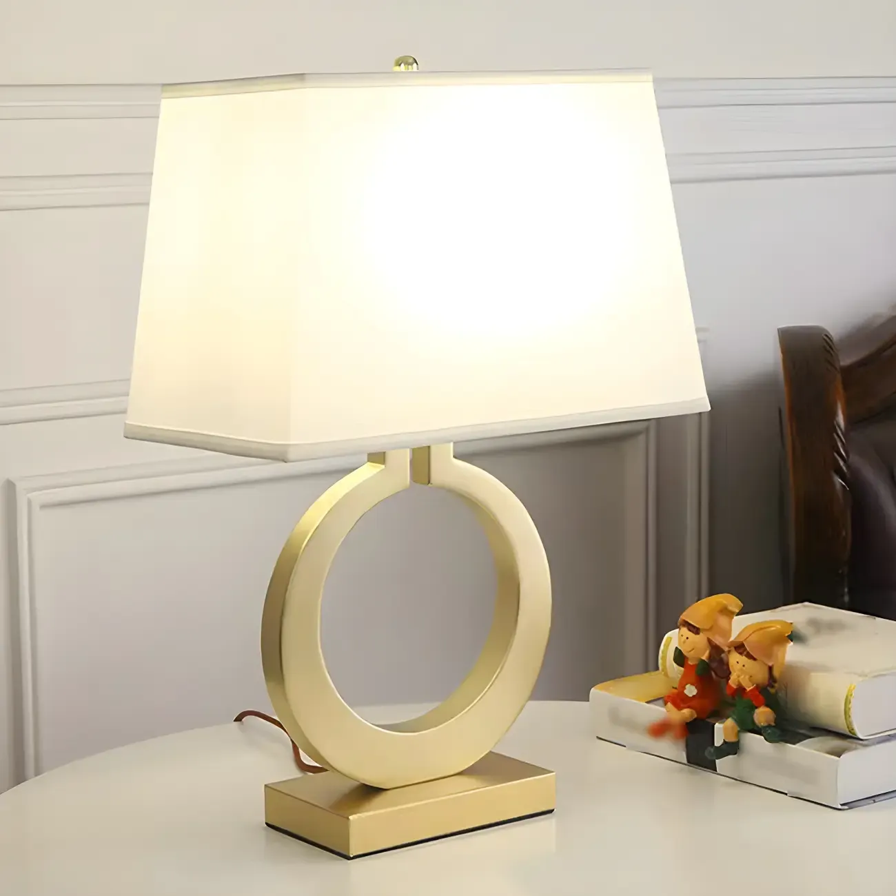 Luxury Gold Circle Base LED Table Lamp Fabric Shade Image - 13
