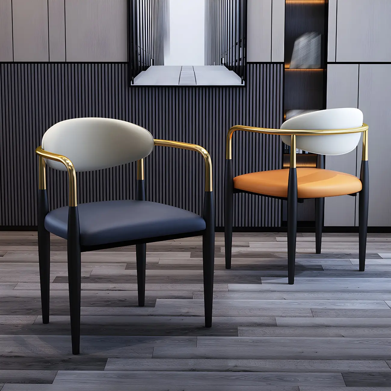 Curved Metal Legs Faux Leather Armrest Dining Chair Image - 1 | homeyfad