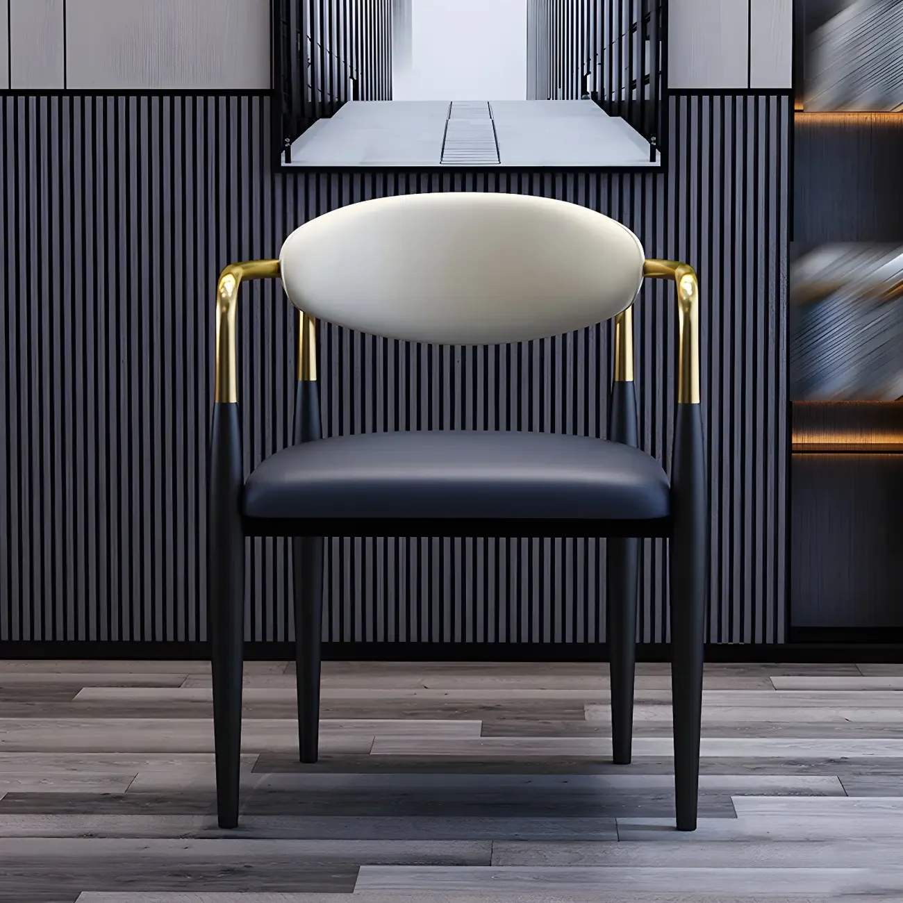 Curved Metal Legs Faux Leather Armrest Dining Chair Image - 3