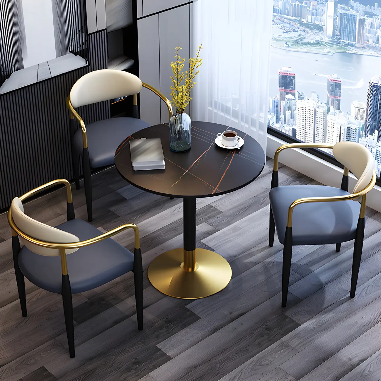 Curved Metal Legs Faux Leather Armrest Dining Chair Image - 7 | homeyfad