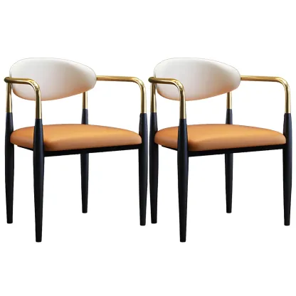 Curved Metal Legs Faux Leather Armrest Dining Chair Image - 19
