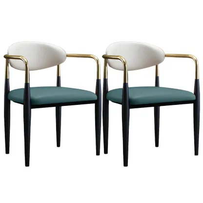Curved Metal Legs Faux Leather Armrest Dining Chair Image - 29