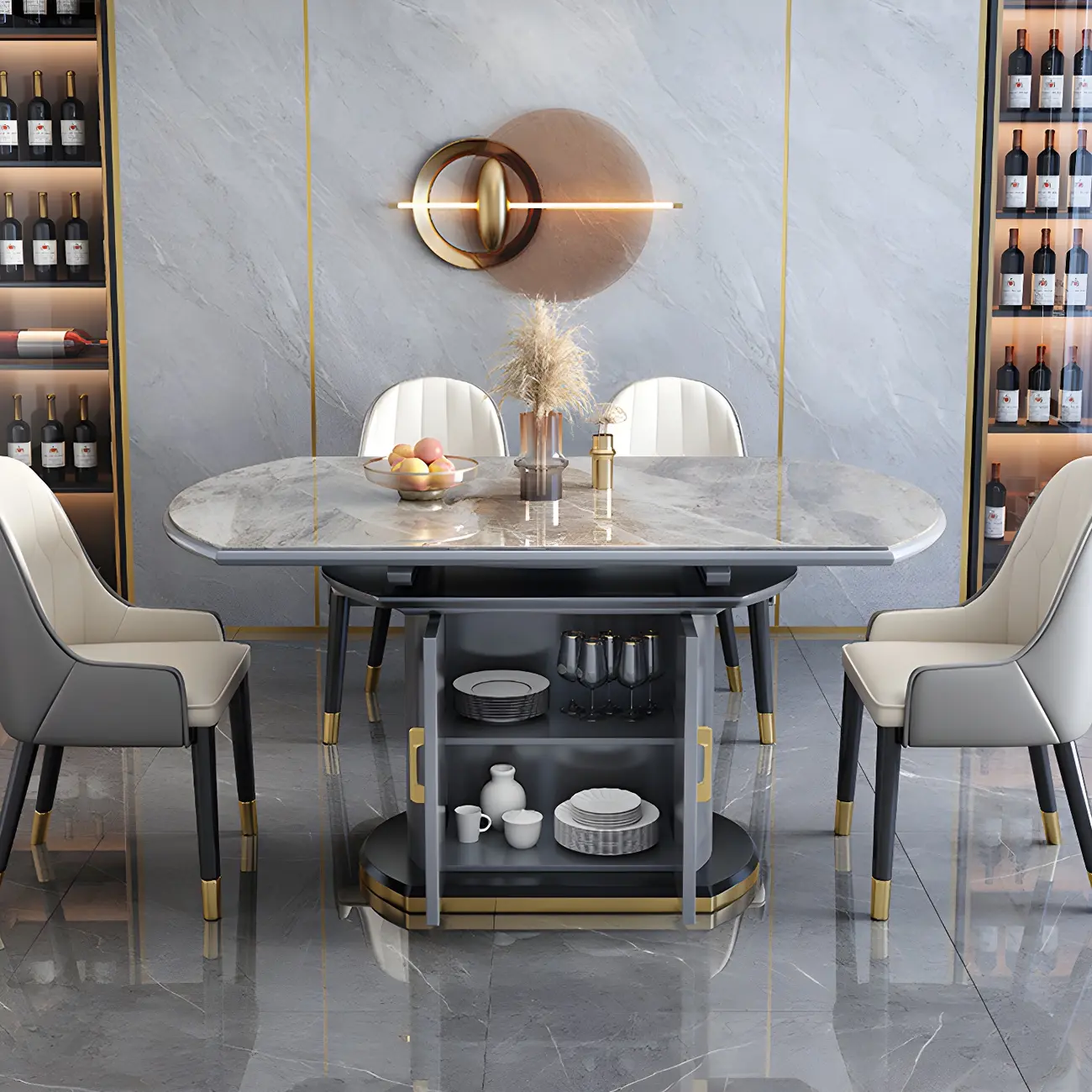 Modern Stone Extendable Round Dining Table with Storage Image - 1 | homeyfad