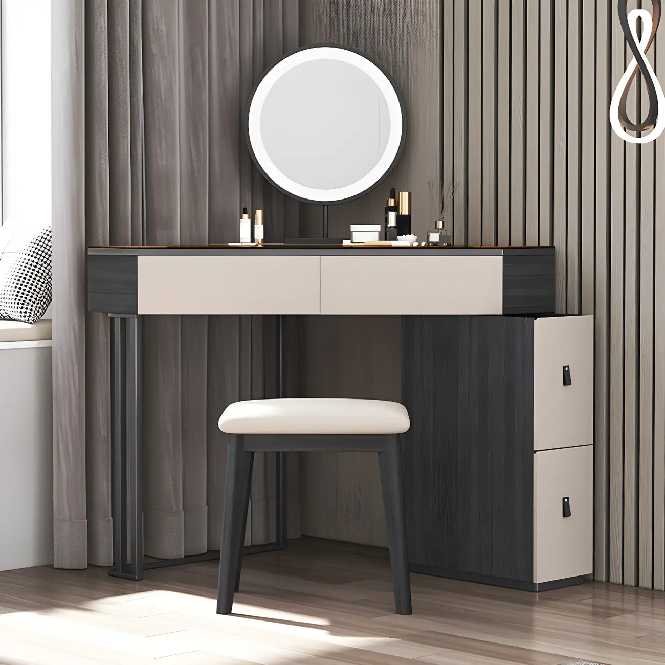 Grey Wood Corner Makeup Vanity with Mirror Image - 1 | homeyfad
