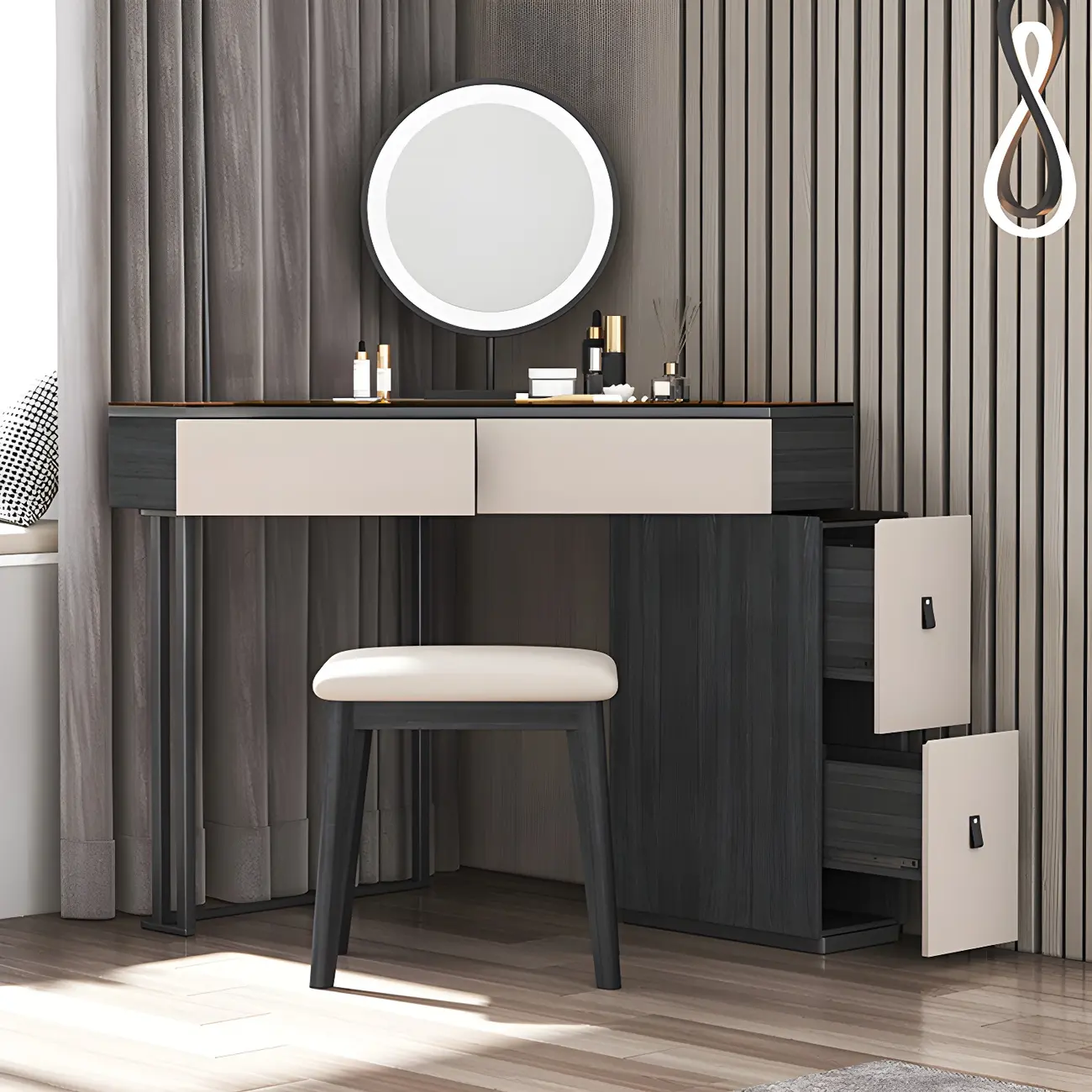 Grey Wood Corner Makeup Vanity with Mirror Image - 2 | homeyfad