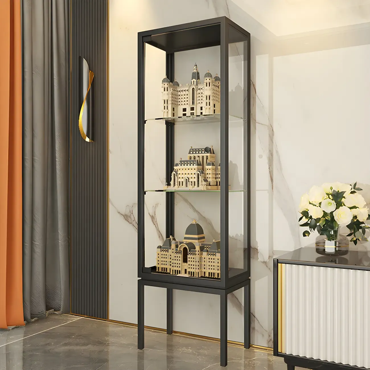 Glam Clear Glass Shelf Black Metal Frame Curio Cabinet Image - 2