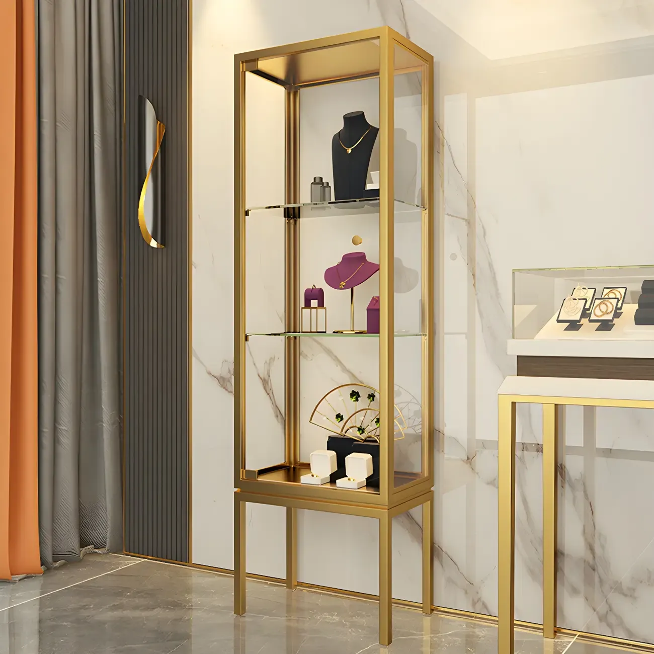 Glam Clear Glass Shelf Black Metal Frame Curio Cabinet Image - 3