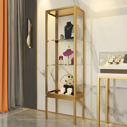 Glam Clear Glass Shelf Black Metal Frame Curio Cabinet Image - 3