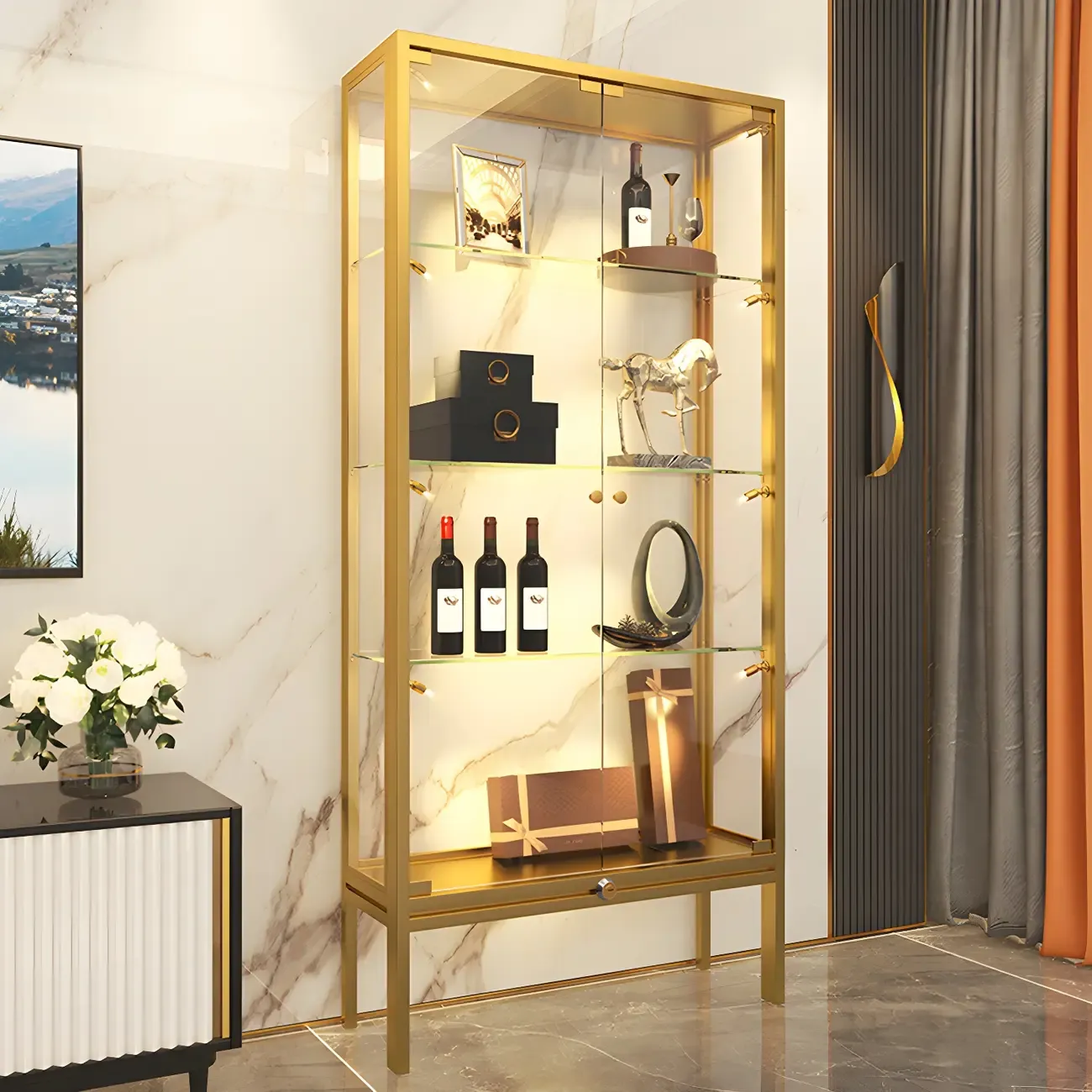 Glam Clear Glass Shelf Black Metal Frame Curio Cabinet Image - 4