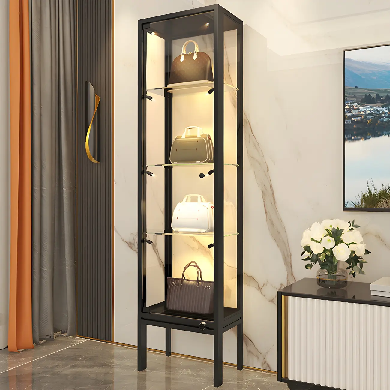 Glam Clear Glass Shelf Black Metal Frame Curio Cabinet Image - 6 | homeyfad