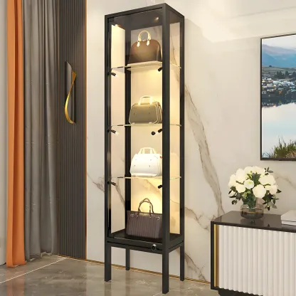 Glam Clear Glass Shelf Black Metal Frame Curio Cabinet Image - 6