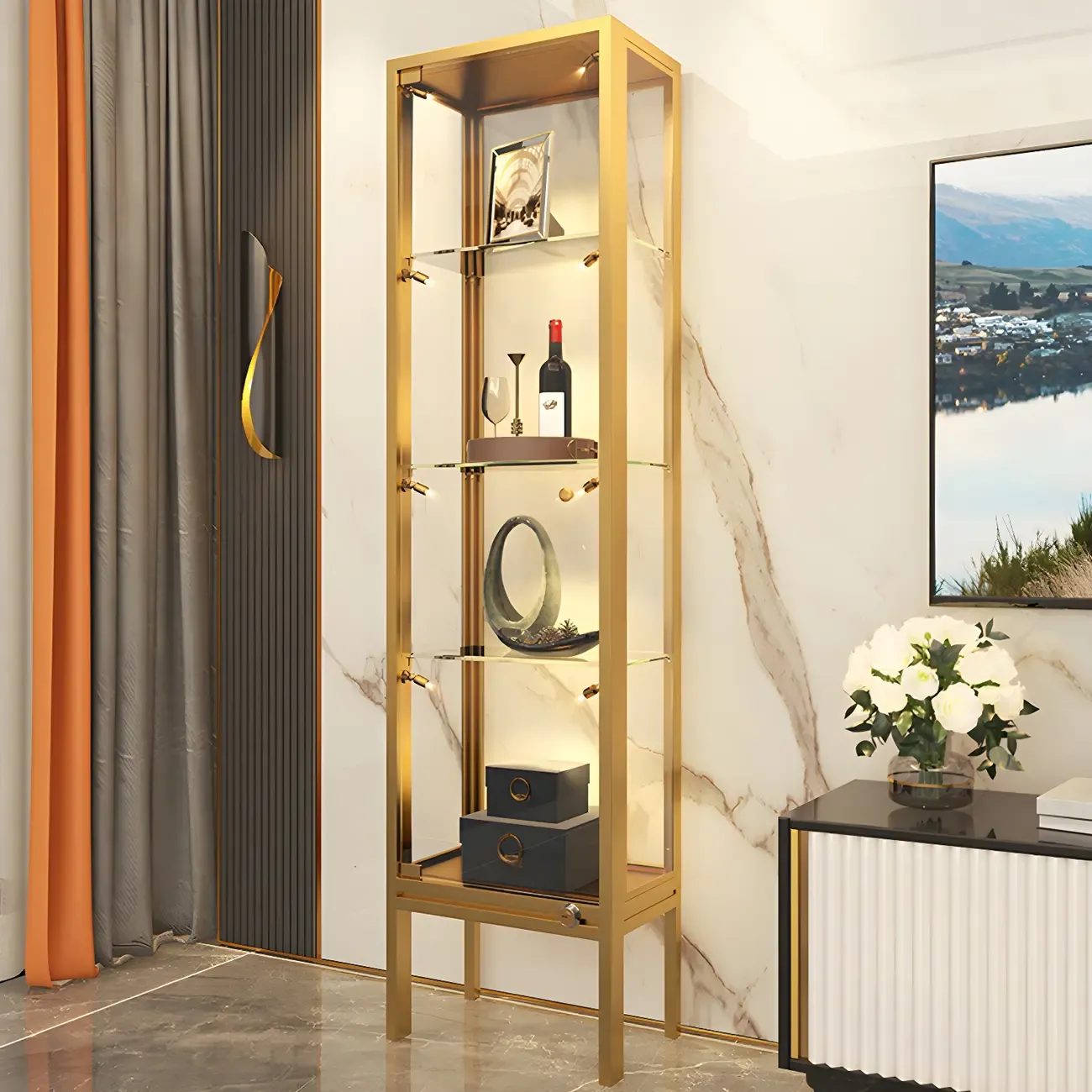 Glam Clear Glass Shelf Black Metal Frame Curio Cabinet Image - 7