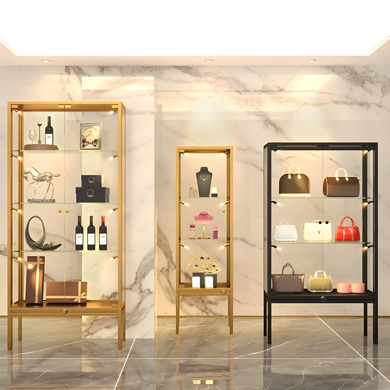 Glam Clear Glass Shelf Black Metal Frame Curio Cabinet Image - 8 | homeyfad