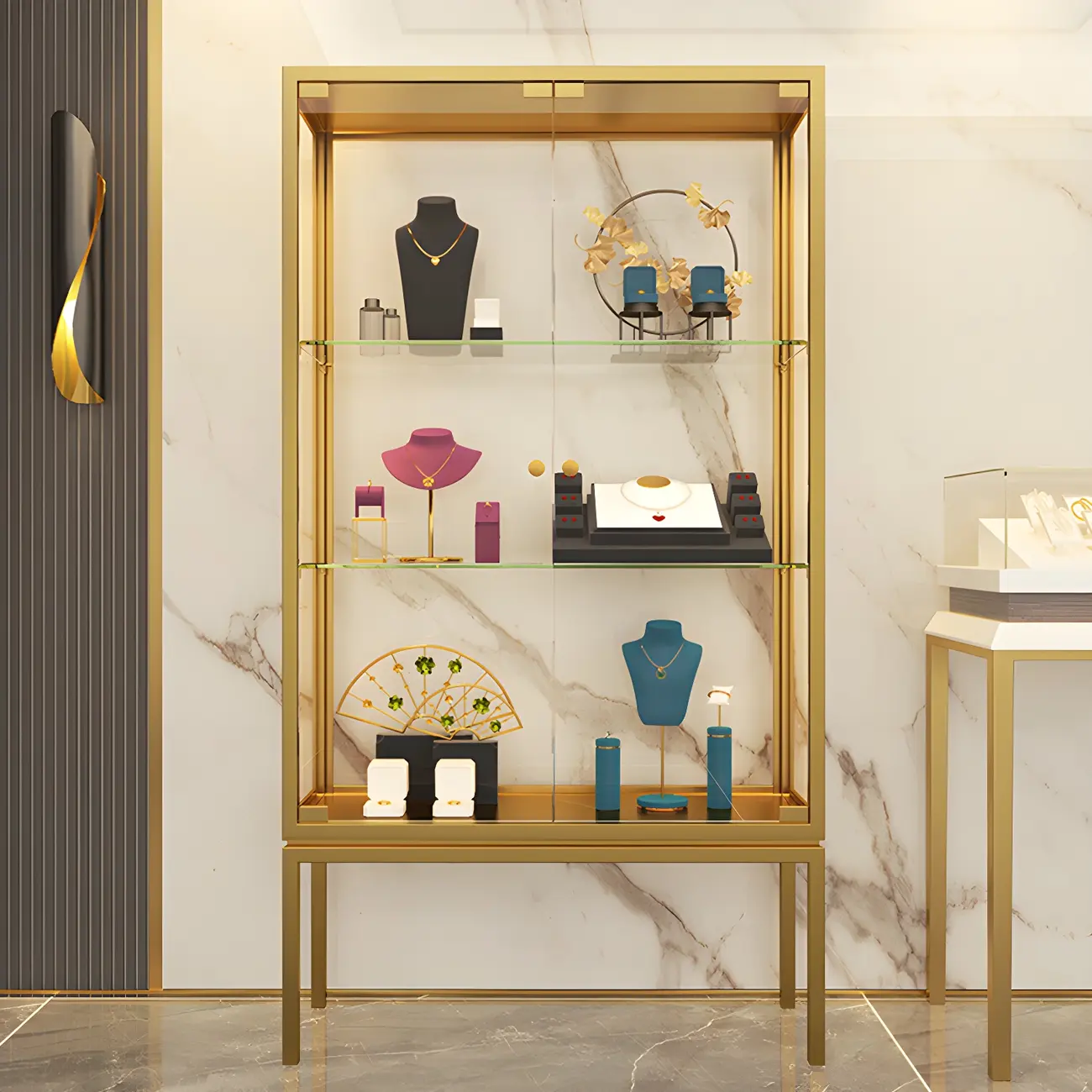 Glam Clear Glass Shelf Black Metal Frame Curio Cabinet Image - 9 | homeyfad