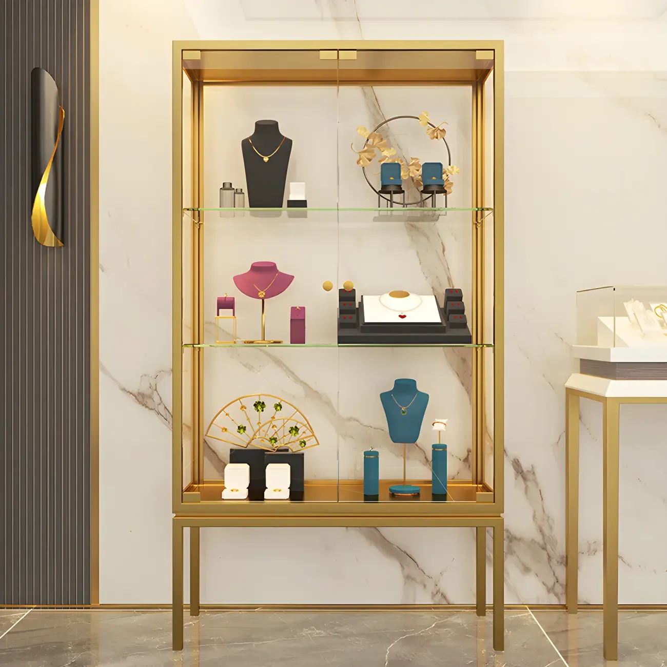 Glam Clear Glass Shelf Black Metal Frame Curio Cabinet Image - 9