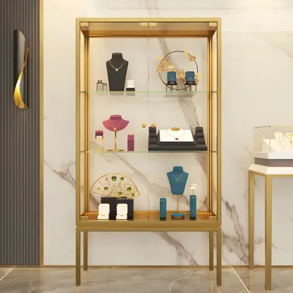 Glam Clear Glass Shelf Black Metal Frame Curio Cabinet Image - 9