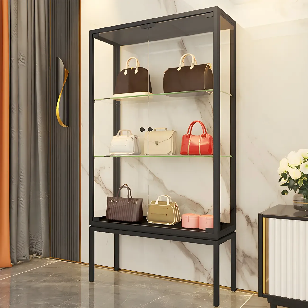 Glam Clear Glass Shelf Black Metal Frame Curio Cabinet Image - 11