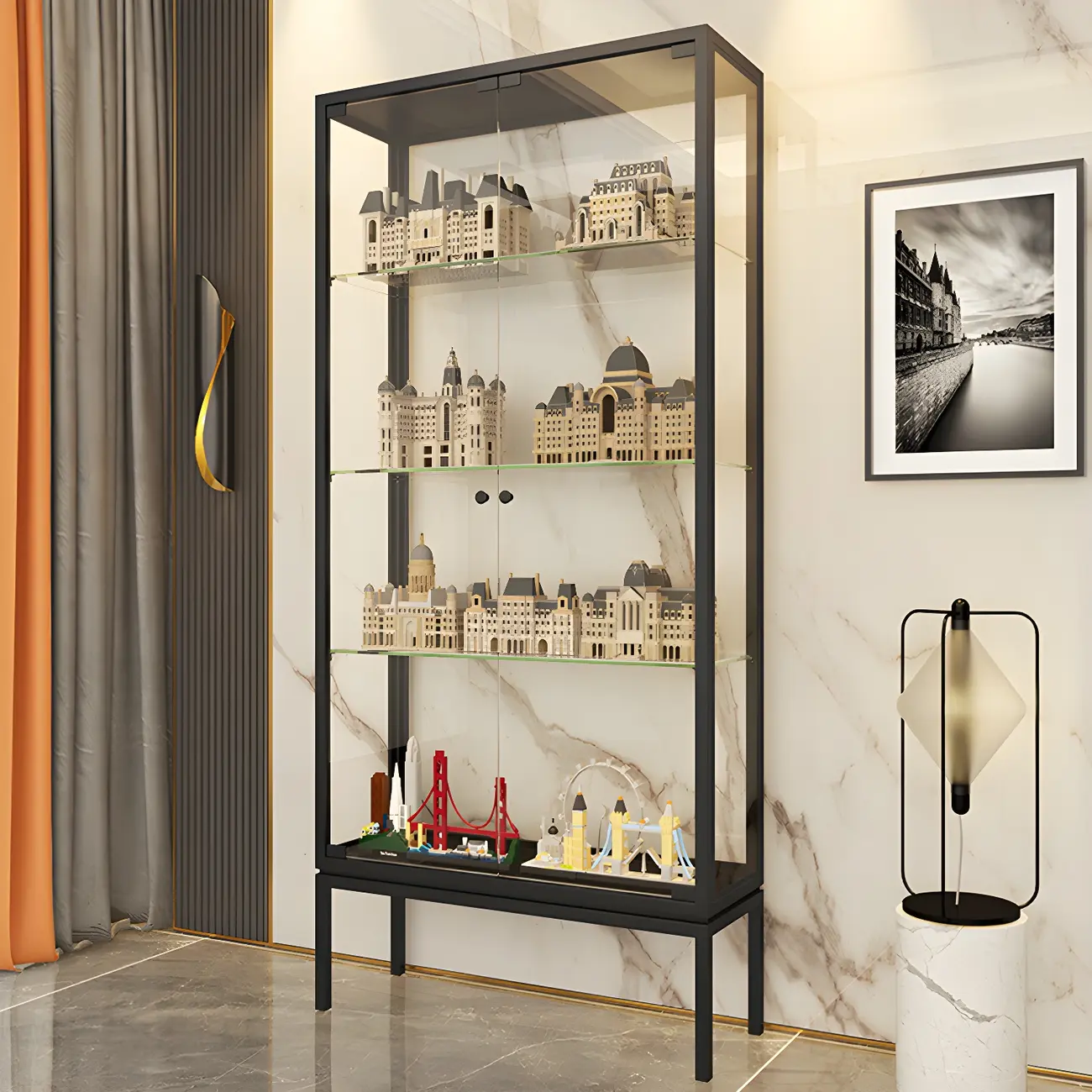 Glam Clear Glass Shelf Black Metal Frame Curio Cabinet Image - 13 | homeyfad