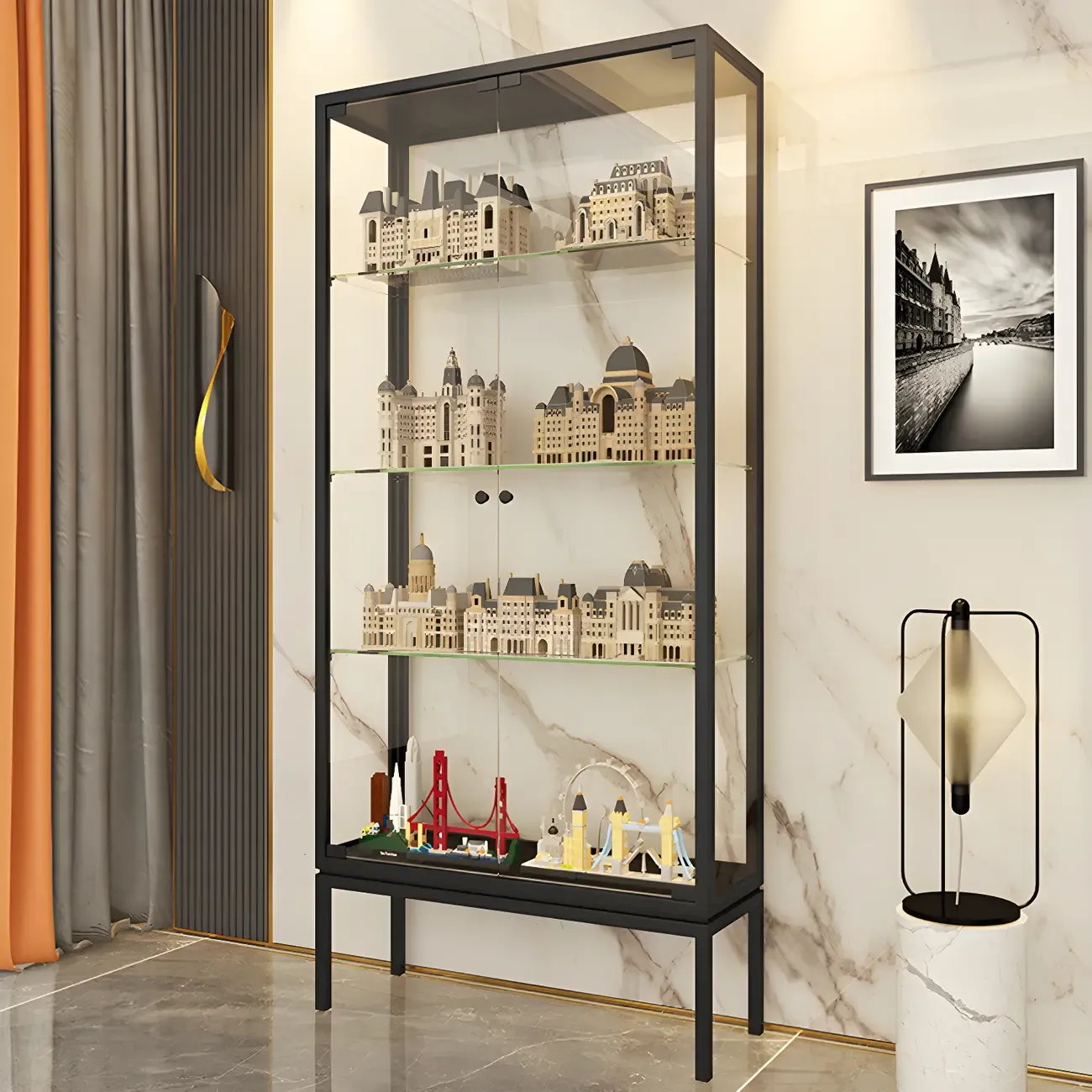 Glam Clear Glass Shelf Black Metal Frame Curio Cabinet Image - 13