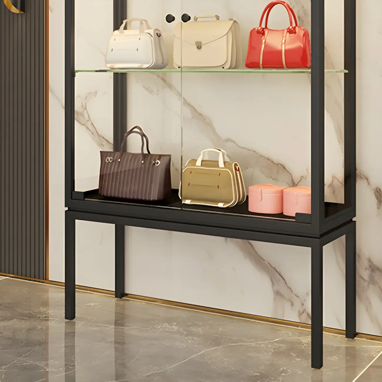 Glam Clear Glass Shelf Black Metal Frame Curio Cabinet Image - 17