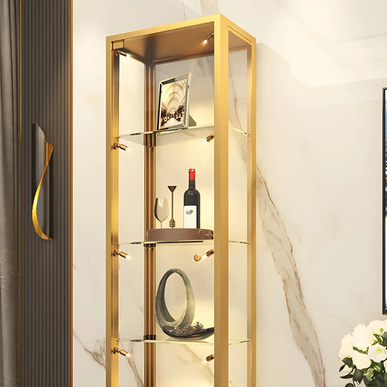 Glam Clear Glass Shelf Black Metal Frame Curio Cabinet Image - 18