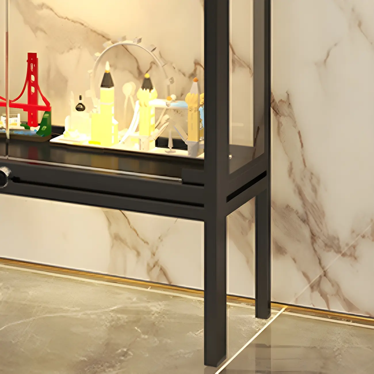 Glam Clear Glass Shelf Black Metal Frame Curio Cabinet Image - 19 | homeyfad