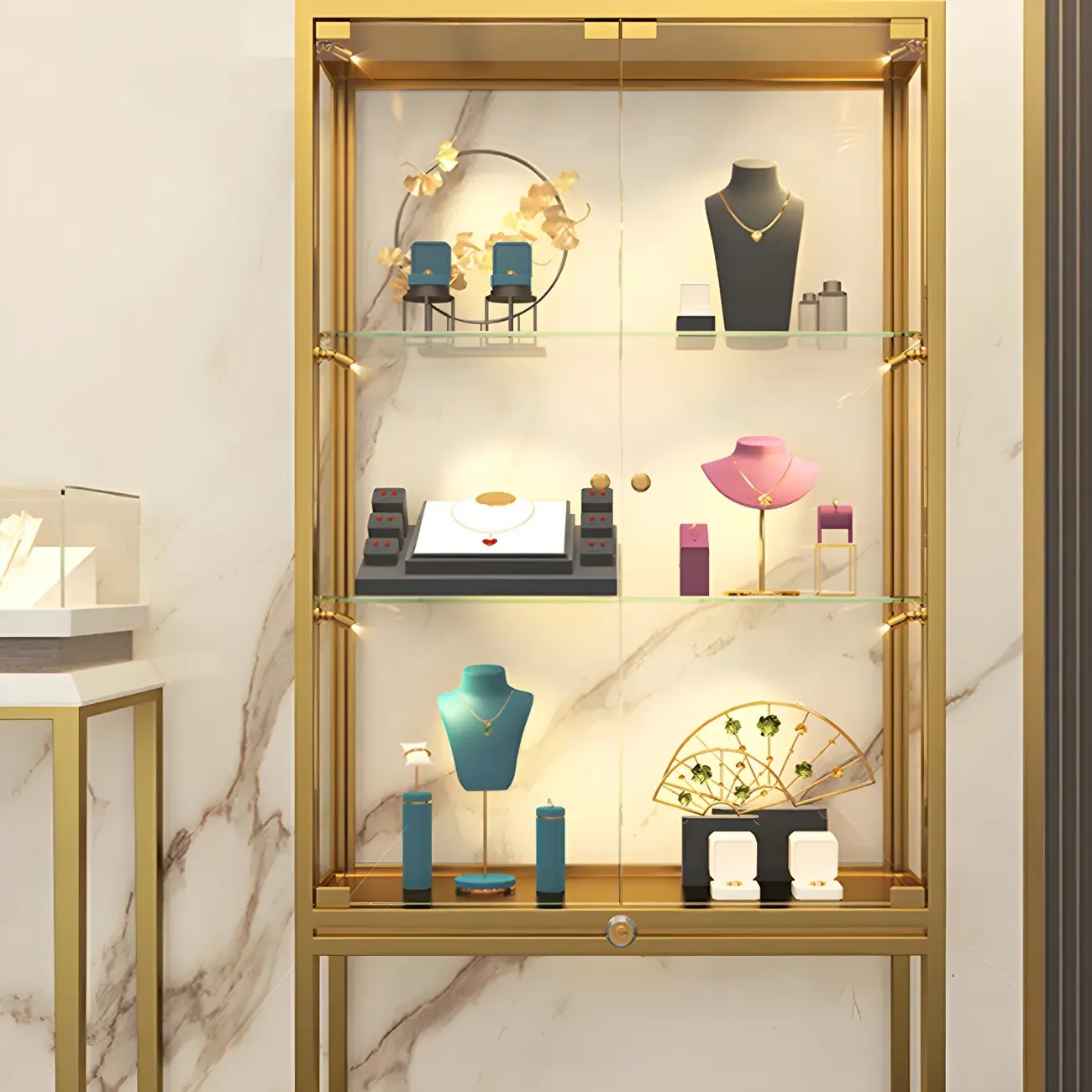 Glam Clear Glass Shelf Black Metal Frame Curio Cabinet Image - 21