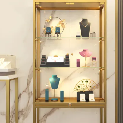 Glam Clear Glass Shelf Black Metal Frame Curio Cabinet Image - 21