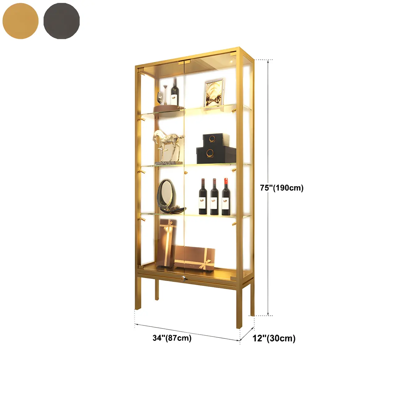 Glam Clear Glass Shelf Black Metal Frame Curio Cabinet Image - 25 | homeyfad