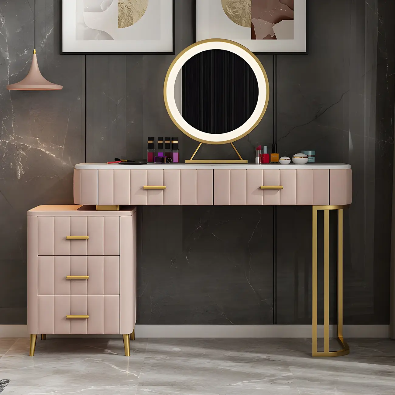 Luxury Stone Top Makeup Vanity with Side Cabinet Image - 1 | homeyfad