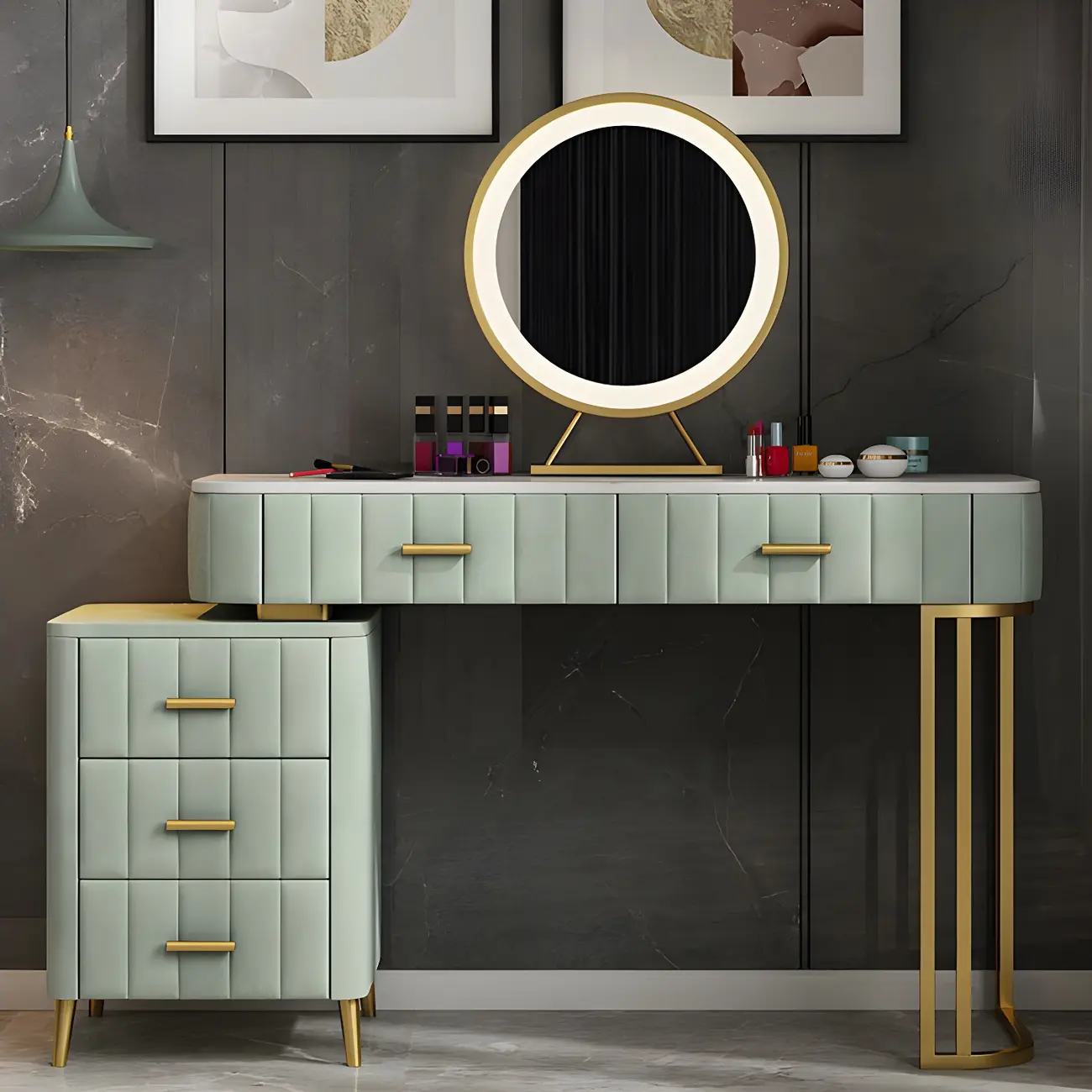 Luxury Stone Top Makeup Vanity with Side Cabinet Image - 2 | homeyfad