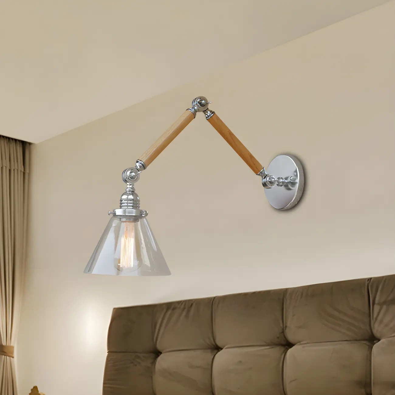 Vintage Clear Glass Cone Shade Wood Metal Swing Arm Wall Light Image - 1 | homeyfad