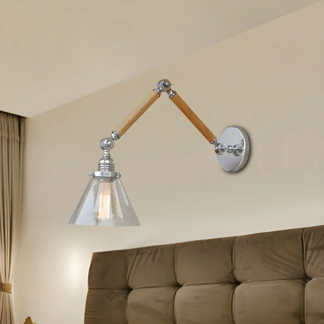 Vintage Clear Glass Cone Shade Wood Metal Swing Arm Wall Light Image - 1